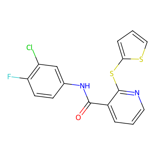 N-(3-chloro-4-fluorophenyl)-2-thiophen-2-ylsulfanylpyridine-3-carboxamide structure