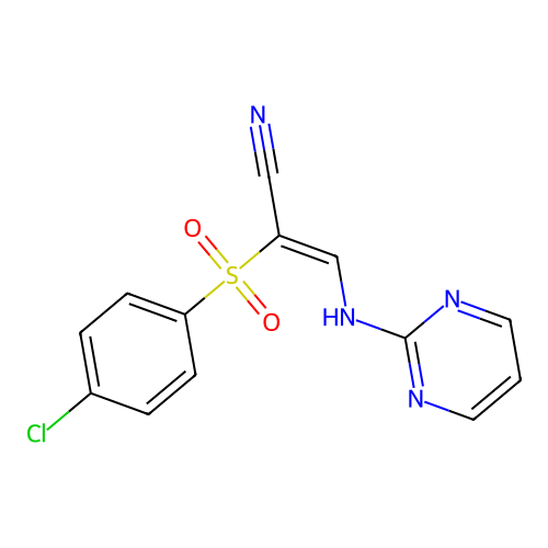 2-(4-Chlorophenyl)sulfonyl-3-(pyrimidin-2-ylamino)prop-2-enenitrile structure