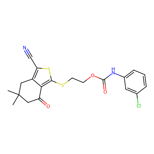 2-[(3-cyano-5,5-dimethyl-7-oxo-4,6-dihydro-2-benzothiophen-1-yl)sulfanyl]ethyl N-(3-chlorophenyl)carbamate structure