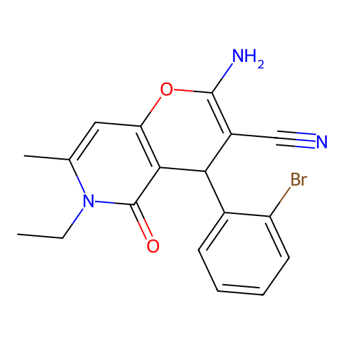 2-amino-4-(2-bromophenyl)-6-ethyl-7-methyl-5-oxo-5,6-dihydro-4H-pyrano[3,2-c]pyridine-3-carbonitrile structure