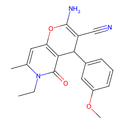 2-amino-6-ethyl-4-(3-methoxyphenyl)-7-methyl-5-oxo-5,6-dihydro-4H-pyrano[3,2-c]pyridine-3-carbonitrile structure