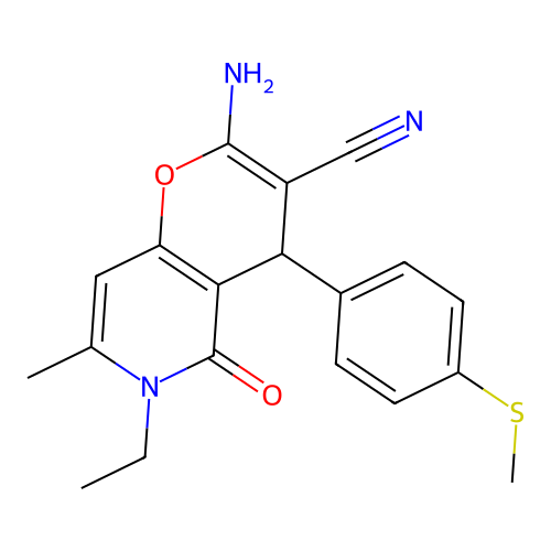 2-amino-6-ethyl-7-methyl-4-(4-(methylthio)phenyl)-5-oxo-5,6-dihydro-4H-pyrano[3,2-c]pyridine-3-carbonitrile structure