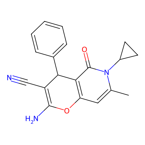 2-amino-6-cyclopropyl-7-methyl-5-oxo-4-phenyl-5,6-dihydro-4H-pyrano[3,2-c]pyridine-3-carbonitrile structure
