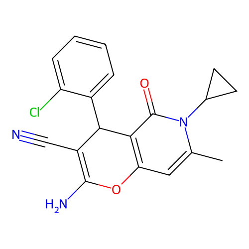 2-amino-4-(2-chlorophenyl)-6-cyclopropyl-7-methyl-5-oxo-5,6-dihydro-4H-pyrano[3,2-c]pyridine-3-carbonitrile structure