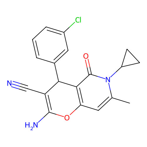 2-amino-4-(3-chlorophenyl)-6-cyclopropyl-7-methyl-5-oxo-5,6-dihydro-4H-pyrano[3,2-c]pyridine-3-carbonitrile structure
