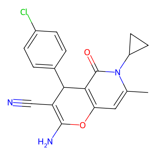 2-amino-4-(4-chlorophenyl)-6-cyclopropyl-7-methyl-5-oxo-5,6-dihydro-4H-pyrano[3,2-c]pyridine-3-carbonitrile structure