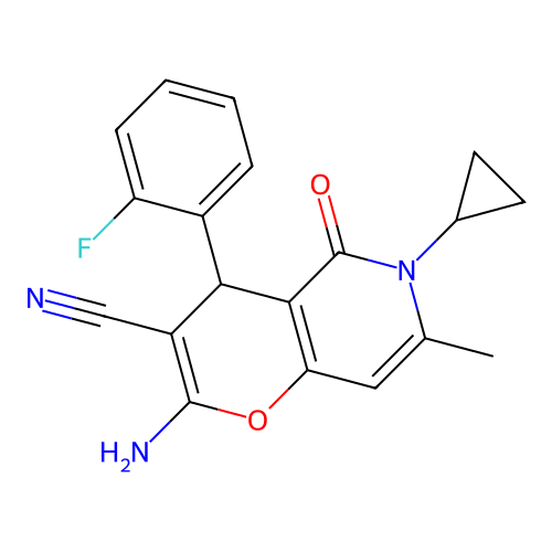 2-amino-6-cyclopropyl-4-(2-fluorophenyl)-7-methyl-5-oxo-5,6-dihydro-4H-pyrano[3,2-c]pyridine-3-carbonitrile structure