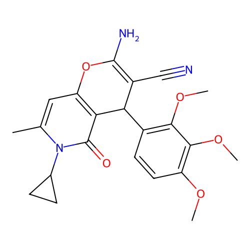 2-amino-6-cyclopropyl-7-methyl-5-oxo-4-(2,3,4-trimethoxyphenyl)-5,6-dihydro-4H-pyrano[3,2-c]pyridine-3-carbonitrile structure