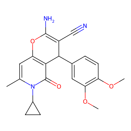 2-amino-6-cyclopropyl-4-(3,4-dimethoxyphenyl)-7-methyl-5-oxo-5,6-dihydro-4H-pyrano[3,2-c]pyridine-3-carbonitrile structure