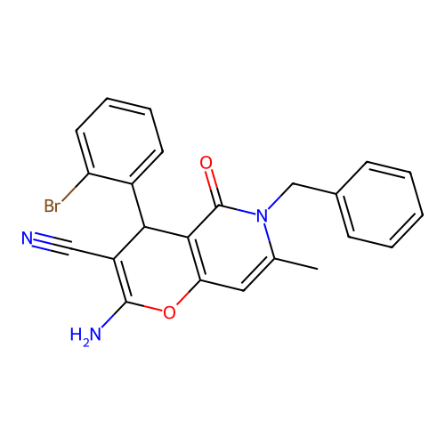 2-amino-6-benzyl-4-(2-bromophenyl)-7-methyl-5-oxo-5,6-dihydro-4H-pyrano[3,2-c]pyridine-3-carbonitrile structure