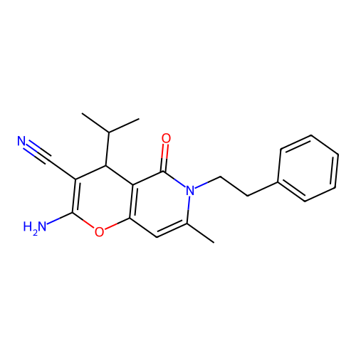 2-amino-7-methyl-5-oxo-6-(2-phenylethyl)-4-(propan-2-yl)-5,6-dihydro-4H-pyrano[3,2-c]pyridine-3-carbonitrile structure