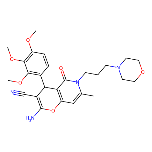 2-amino-7-methyl-6-(3-morpholinopropyl)-5-oxo-4-(2,3,4-trimethoxyphenyl)-5,6-dihydro-4H-pyrano[3,2-c]pyridine-3-carbonitrile structure
