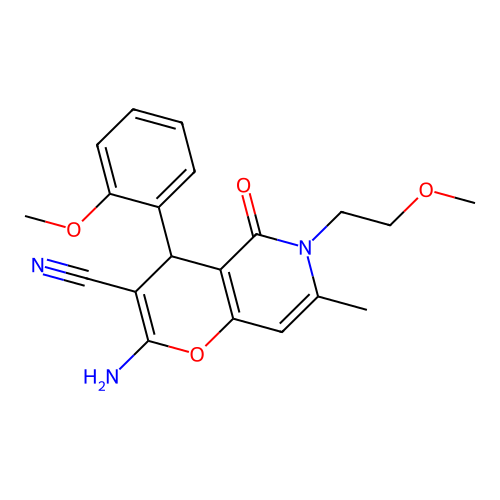 2-amino-6-(2-methoxyethyl)-4-(2-methoxyphenyl)-7-methyl-5-oxo-5,6-dihydro-4H-pyrano[3,2-c]pyridine-3-carbonitrile structure