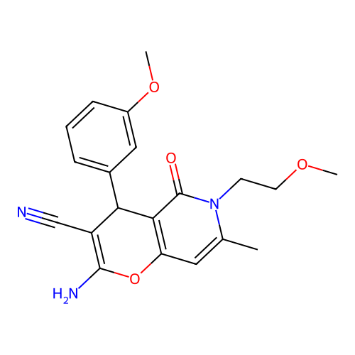2-amino-6-(2-methoxyethyl)-4-(3-methoxyphenyl)-7-methyl-5-oxo-5,6-dihydro-4H-pyrano[3,2-c]pyridine-3-carbonitrile structure