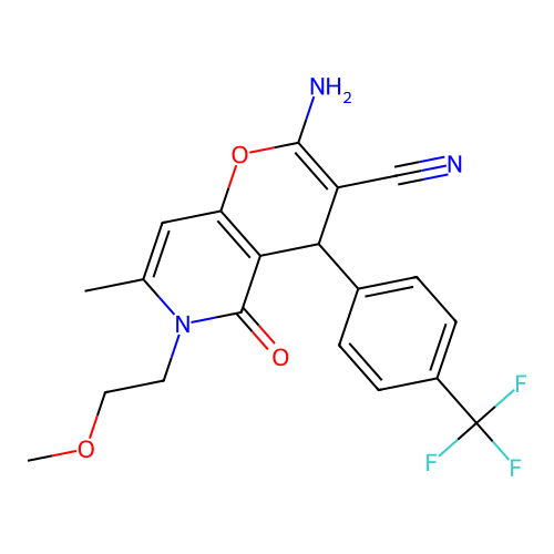 2-amino-6-(2-methoxyethyl)-7-methyl-5-oxo-4-(4-(trifluoromethyl)phenyl)-5,6-dihydro-4H-pyrano[3,2-c]pyridine-3-carbonitrile structure