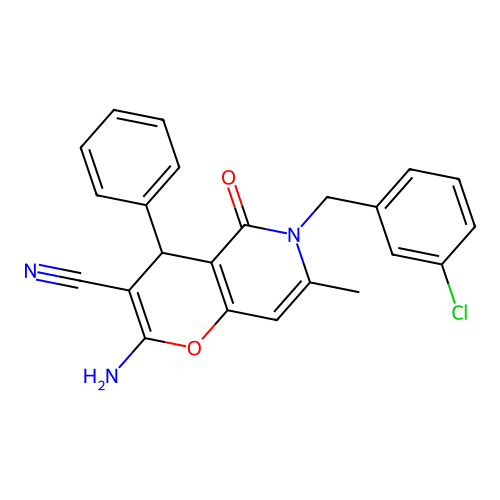 2-amino-6-(3-chlorobenzyl)-7-methyl-5-oxo-4-phenyl-5,6-dihydro-4H-pyrano[3,2-c]pyridine-3-carbonitrile structure