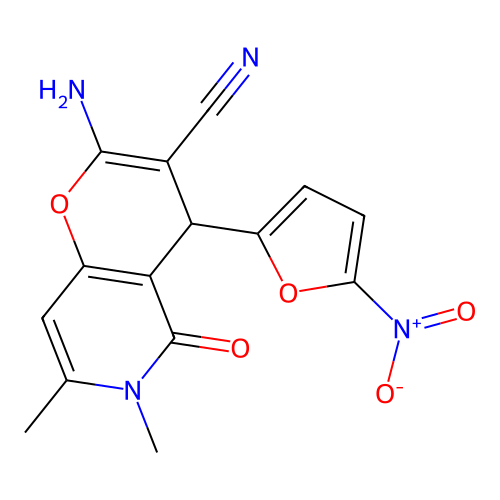 2-amino-6,7-dimethyl-4-(5-nitrofuran-2-yl)-5-oxo-5,6-dihydro-4H-pyrano[3,2-c]pyridine-3-carbonitrile structure