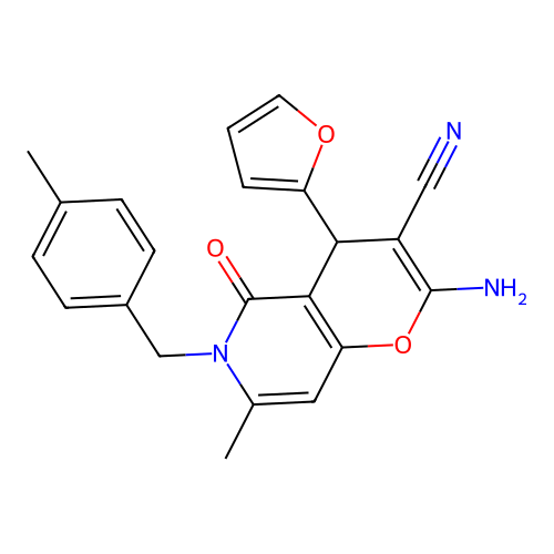 2-amino-4-(furan-2-yl)-7-methyl-6-(4-methylbenzyl)-5-oxo-5,6-dihydro-4H-pyrano[3,2-c]pyridine-3-carbonitrile structure