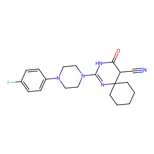 2-(4-(4-fluorophenyl)piperazin-1-yl)-4-oxo-1,3-diazaspiro[5.5]undec-2-ene-5-carbonitrile structure