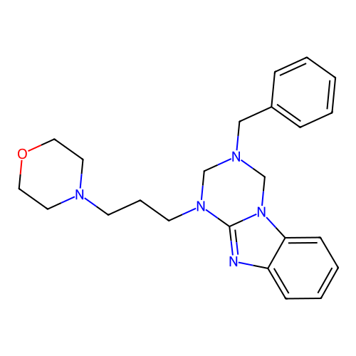 3-benzyl-1-[3-(morpholin-4-yl)propyl]-1,2,3,4-tetrahydro[1,3,5]triazino[1,2-a]benzimidazole structure