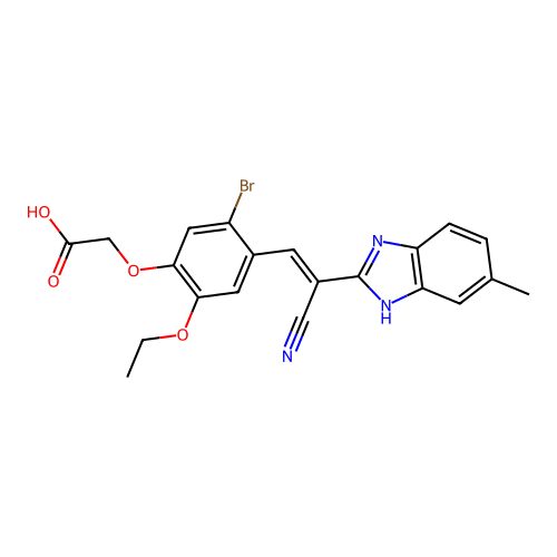 2-[5-bromo-4-[2-cyano-2-(6-methyl-1H-benzimidazol-2-yl)ethenyl]-2-ethoxyphenoxy]acetic acid structure