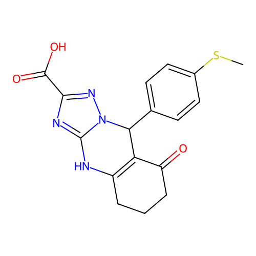 8-hydroxy-9-[4-(methylsulfanyl)phenyl]-5,6,7,9-tetrahydro[1,2,4]triazolo[5,1-b]quinazoline-2-carboxylic acid structure