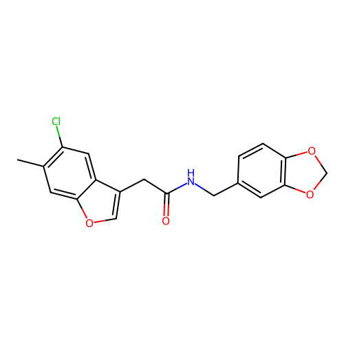N-(1,3-benzodioxol-5-ylmethyl)-2-(5-chloro-6-methyl-1-benzofuran-3-yl)acetamide structure