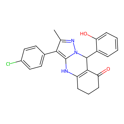 3-(4-chlorophenyl)-9-(2-hydroxyphenyl)-2-methyl-5,6,7,9-tetrahydropyrazolo[5,1-b]quinazolin-8-ol structure