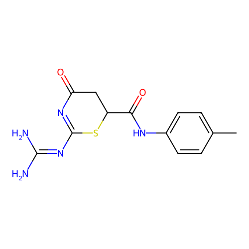 2-(diaminomethylideneamino)-N-(4-methylphenyl)-4-oxo-5,6-dihydro-1,3-thiazine-6-carboxamide structure