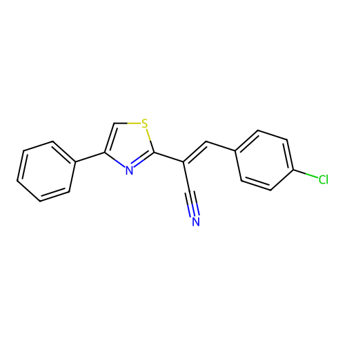 (E)-3-(4-chlorophenyl)-2-(4-phenylthiazol-2-yl)acrylonitrile structure