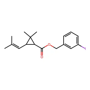 Cyclopropanecarboxylic acid, 2,2-dimethyl-3-(2-methyl-1-propenyl)-, (3-iodophenyl)methyl ester, trans- structure