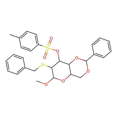 methyl 2-s-benzyl-4,6-o-benzylidene-3-o-[(4-methylphenyl)sulfonyl]-2-thiohexopyranoside structure