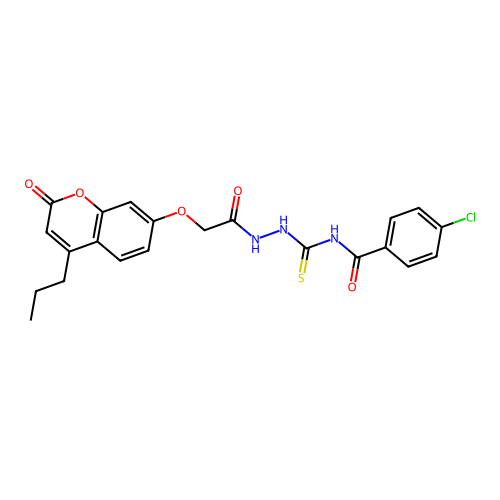 4-Chloro-N-(2-(2-((2-oxo-4-propyl-2H-chromen-7-yl)oxy)acetyl)hydrazinecarbonothioyl)benzamide structure