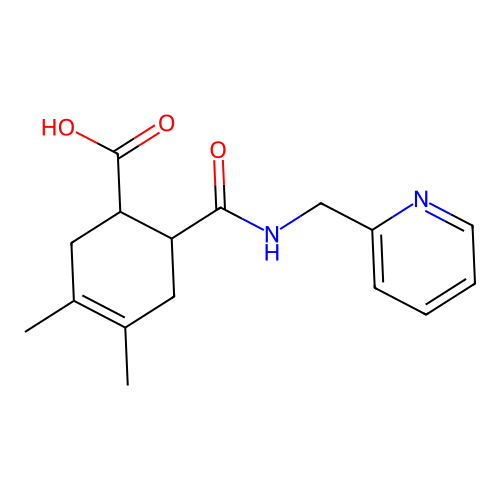 3,4-Dimethyl-6-[(pyridin-2-ylmethyl)carbamoyl]cyclohex-3-ene-1-carboxylic acid structure