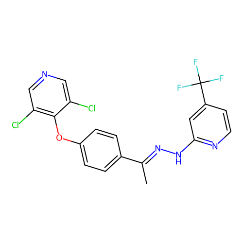 1-{4-[(3,5-dichloro-4-pyridyl)oxy]phenyl}ethan-1-one 1-[4-(trifluoromethyl)-2-pyridyl]hydrazone structure