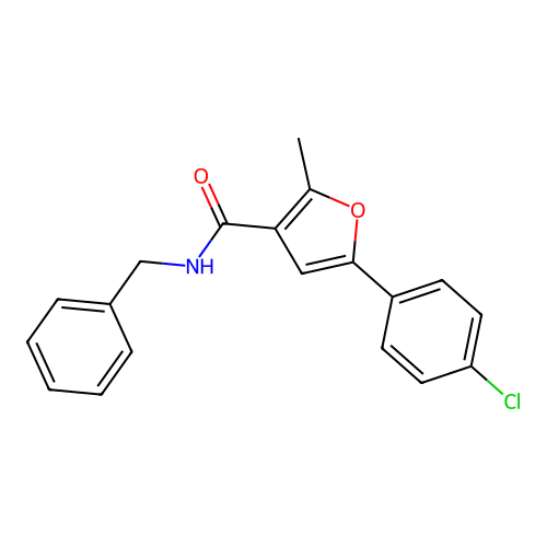 N-benzyl-5-(4-chlorophenyl)-2-methylfuran-3-carboxamide structure