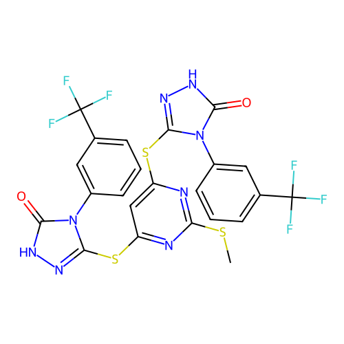 3-[2-methylsulfanyl-6-[[5-oxo-4-[3-(trifluoromethyl)phenyl]-1H-1,2,4-triazol-3-yl]sulfanyl]pyrimidin-4-yl]sulfanyl-4-[3-(trifluoromethyl)phenyl]-1H-1,2,4-triazol-5-one structure