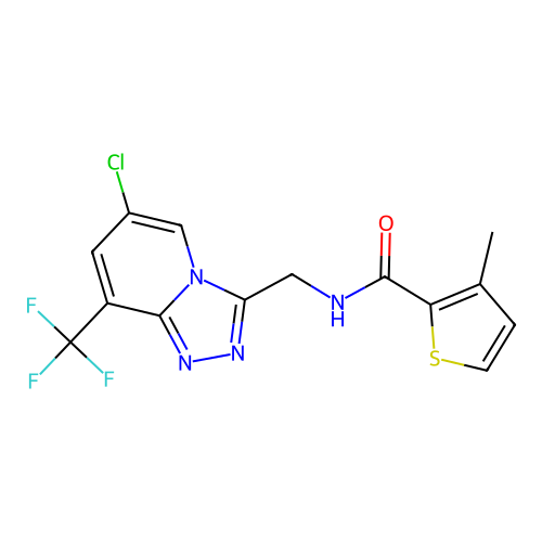 N-((6-chloro-8-(trifluoromethyl)-[1,2,4]triazolo[4,3-a]pyridin-3-yl)methyl)-3-methylthiophene-2-carboxamide structure