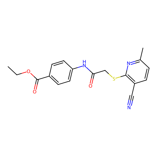 Ethyl 4-[2-(3-cyano-6-methyl-2-pyridylthio)acetylamino]benzoate structure