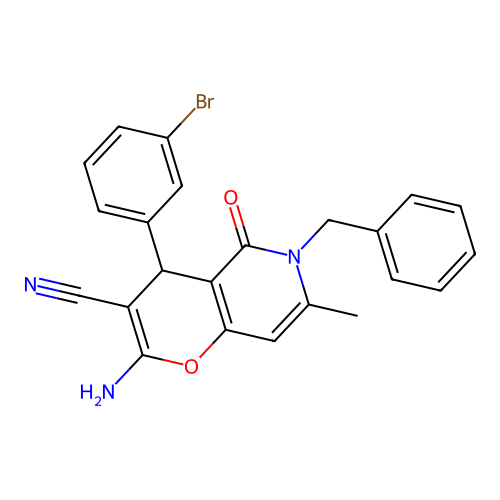 2-amino-6-benzyl-4-(3-bromophenyl)-7-methyl-5-oxo-5,6-dihydro-4H-pyrano[3,2-c]pyridine-3-carbonitrile structure