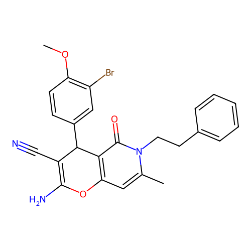 2-amino-4-(3-bromo-4-methoxyphenyl)-7-methyl-5-oxo-6-phenethyl-5,6-dihydro-4H-pyrano[3,2-c]pyridine-3-carbonitrile structure