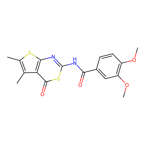 N-(5,6-dimethyl-4-oxo-4H-thieno[2,3-d][1,3]thiazin-2-yl)-3,4-dimethoxybenzamide structure