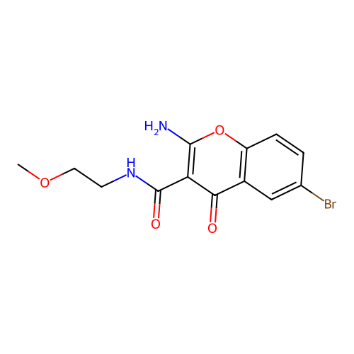 2-amino-6-bromo-N-(2-methoxyethyl)-4-oxo-4H-chromene-3-carboxamide structure