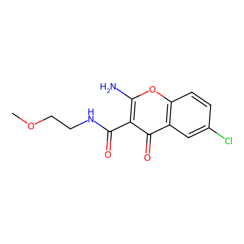2-amino-6-chloro-N-(2-methoxyethyl)-4-oxo-4H-chromene-3-carboxamide structure