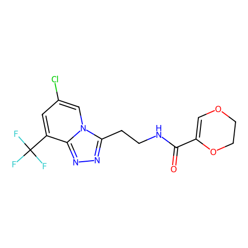 N-(2-(6-chloro-8-(trifluoromethyl)-[1,2,4]triazolo[4,3-a]pyridin-3-yl)ethyl)-5,6-dihydro-1,4-dioxine-2-carboxamide structure