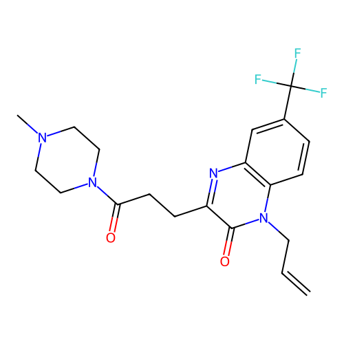 3-[3-(4-methylpiperazin-1-yl)-3-oxopropyl]-1-(prop-2-en-1-yl)-6-(trifluoromethyl)quinoxalin-2(1H)-one structure