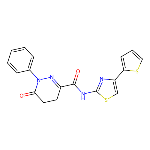 6-oxo-1-phenyl-N-(4-thiophen-2-yl-1,3-thiazol-2-yl)-4,5-dihydropyridazine-3-carboxamide structure