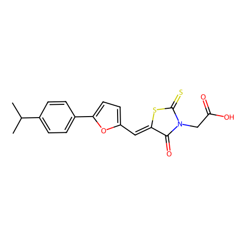 (Z)-2-(5-((5-(4-isopropylphenyl)furan-2-yl)methylene)-4-oxo-2-thioxothiazolidin-3-yl)acetic acid structure