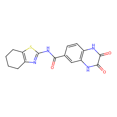 2,3-dioxo-N-[(2Z)-4,5,6,7-tetrahydro-1,3-benzothiazol-2(3H)-ylidene]-1,2,3,4-tetrahydroquinoxaline-6-carboxamide structure