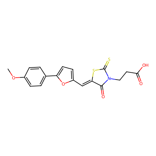 (Z)-3-(5-((5-(4-methoxyphenyl)furan-2-yl)methylene)-4-oxo-2-thioxothiazolidin-3-yl)propanoic acid structure